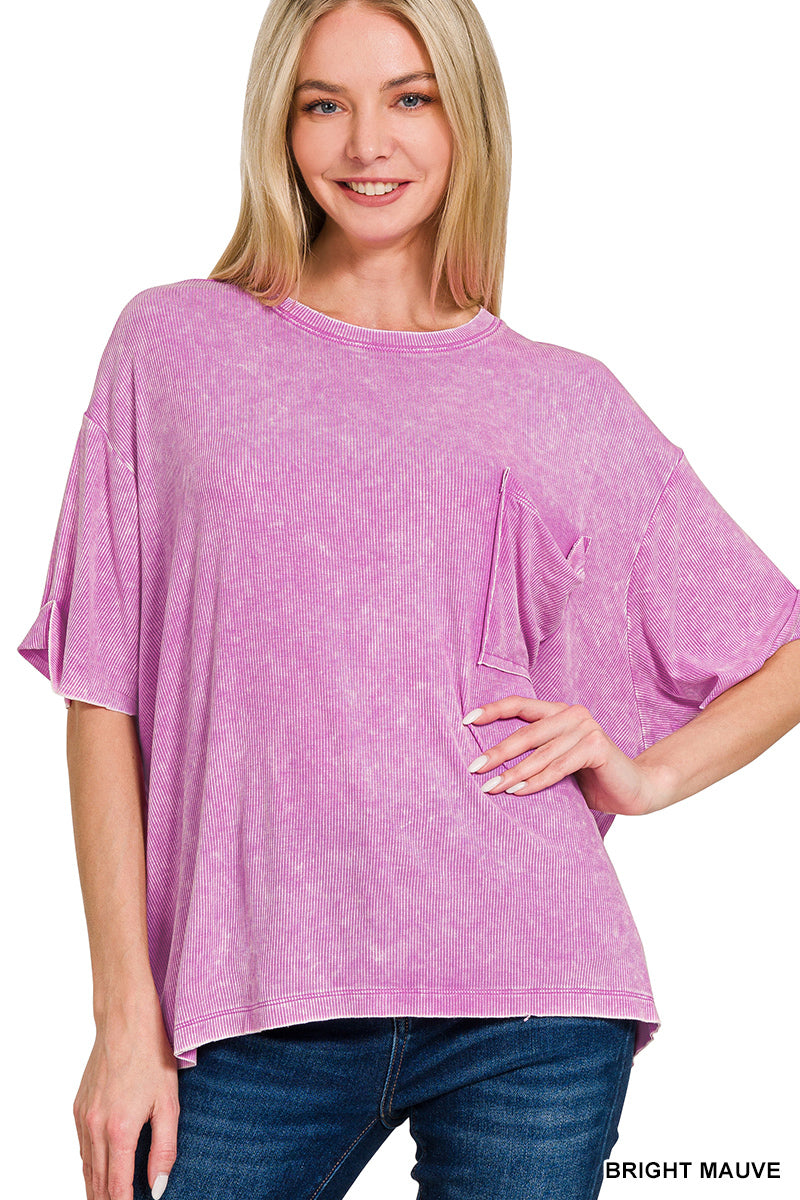 WASHED RIBBED CUFFED SHORT SLEEVE ROUND NECK TOP